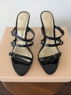 Alexandre Birman Black Patent Leather Strappy Mules